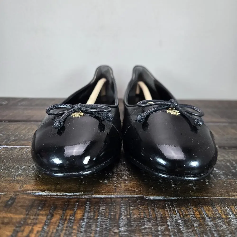 NEW Tory Burch Cap Toe Ballet Womens Size 7.5 Logo Flats Shoe Goat Leather Black